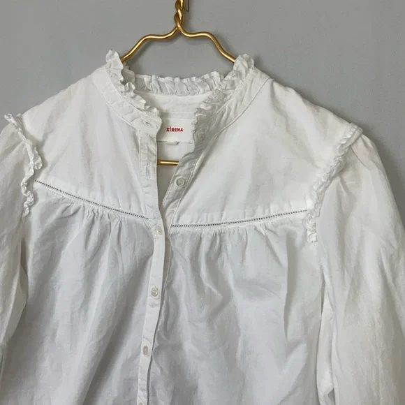 Xirena Sz XS Rye White Cotton Poplin Button Up Ruffle Blouse Top Cottagecore - Picture 2 of 7